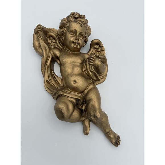 Angel Cherub Wall Hanging Putti Gold Gilt Finish Resin 9.5” Long Decor Vintage - Picture 1 of 9